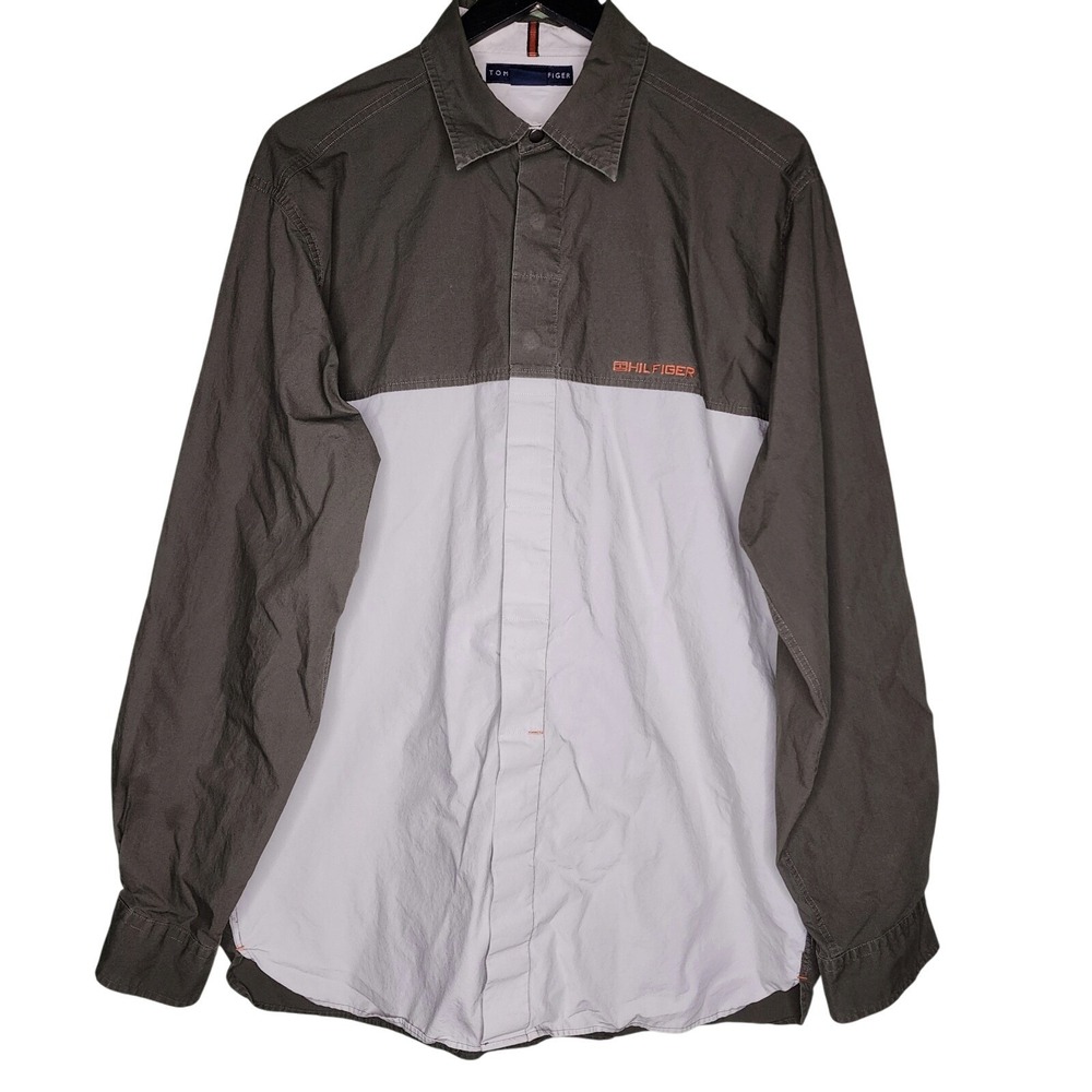 Tommy Hilfiger Mens Large Color Block Button Down Shirt Olive Green Beige Cotton
